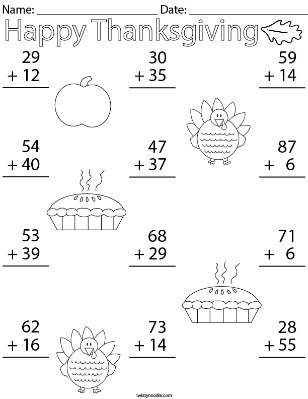Thanksgiving double digit addition math worksheet twisty noodle